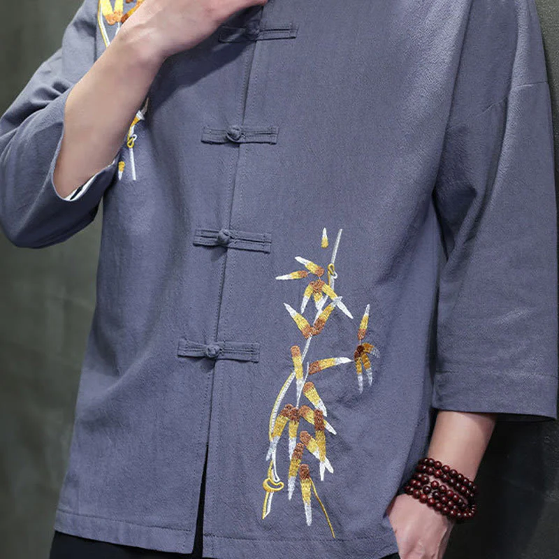 Camicia da uomo con maniche a tre quarti, bottoni cinesi a forma di rana e ricamo Buddha Stones - Image 26