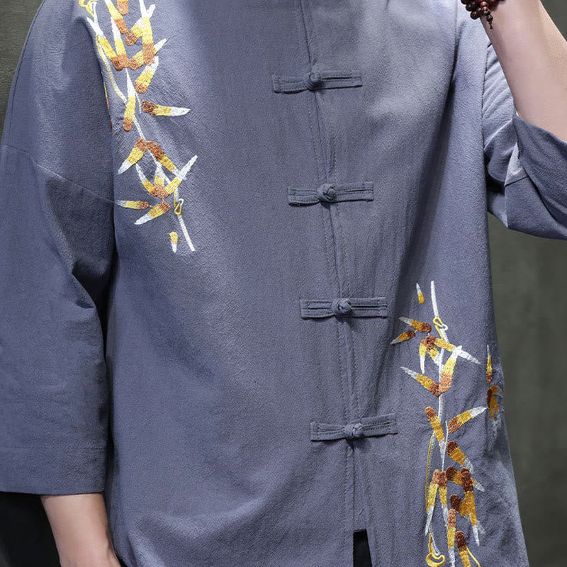 Camicia da uomo con maniche a tre quarti, bottoni cinesi a forma di rana e ricamo Buddha Stones - Image 27