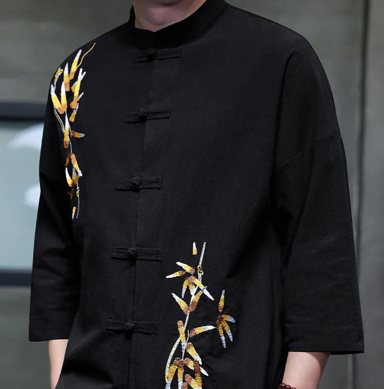 Camicia da uomo con maniche a tre quarti, bottoni cinesi a forma di rana e ricamo Buddha Stones - Image 5