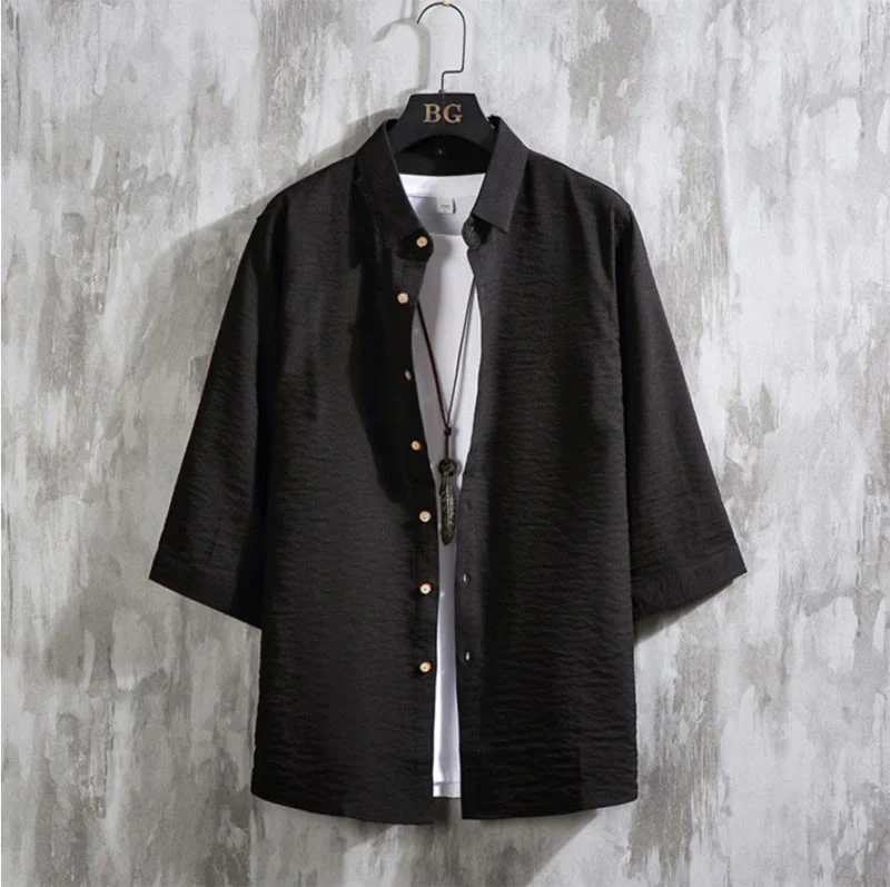 Camicia da uomo con maniche a tre quarti e bottoni frontali casual in tinta unita Buddha Stones - Image 12