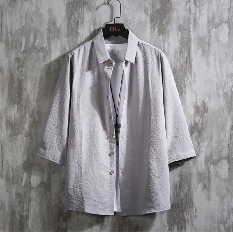 Camicia da uomo con maniche a tre quarti e bottoni frontali casual in tinta unita Buddha Stones - Image 14