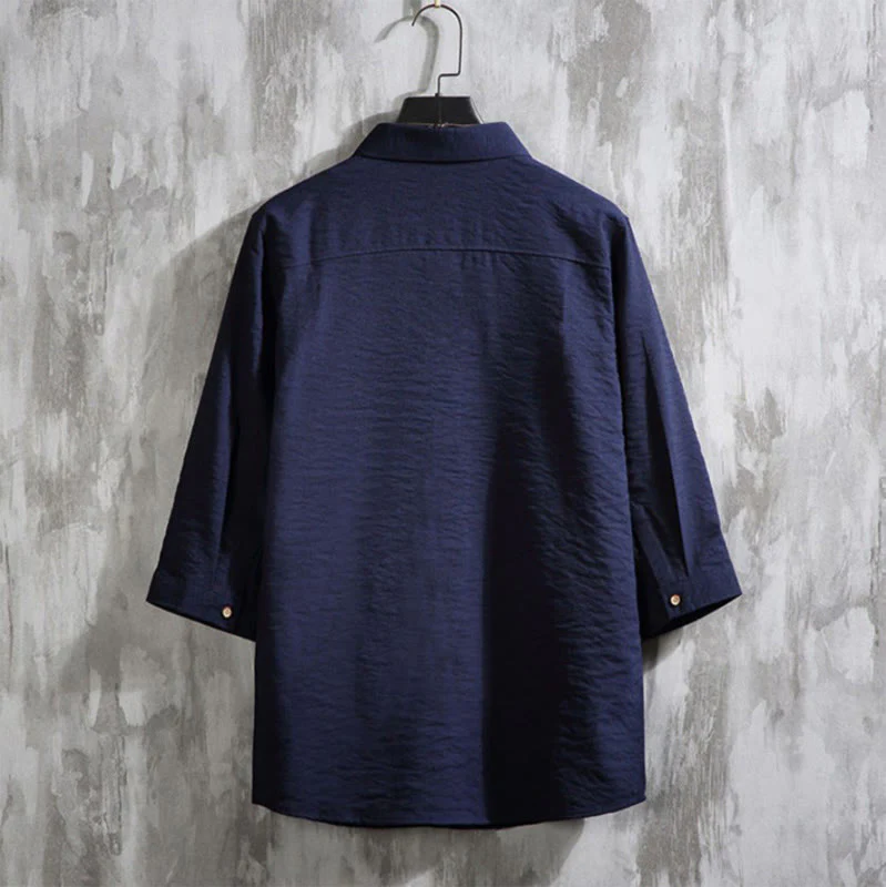 Camicia da uomo con maniche a tre quarti e bottoni frontali casual in tinta unita Buddha Stones - Image 17