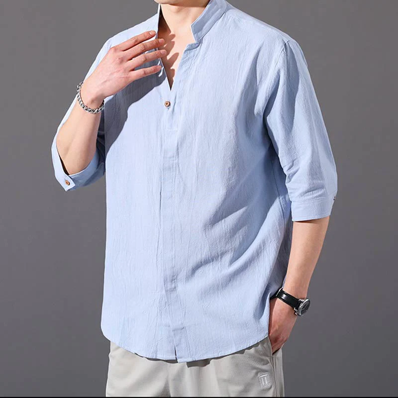 Camicia da uomo estiva Buddha Stones con maniche corte e bottoni in cotone - Image 3
