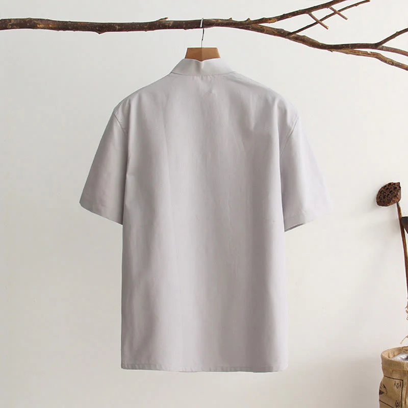 Camicia da uomo in cotone a maniche corte con bottoni a forma di rana cinese Buddha Stones Tang Suit con tasche - Image 10