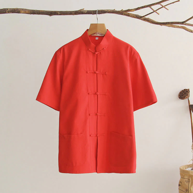 Camicia da uomo in cotone a maniche corte con bottoni a forma di rana cinese Buddha Stones Tang Suit con tasche - Image 15