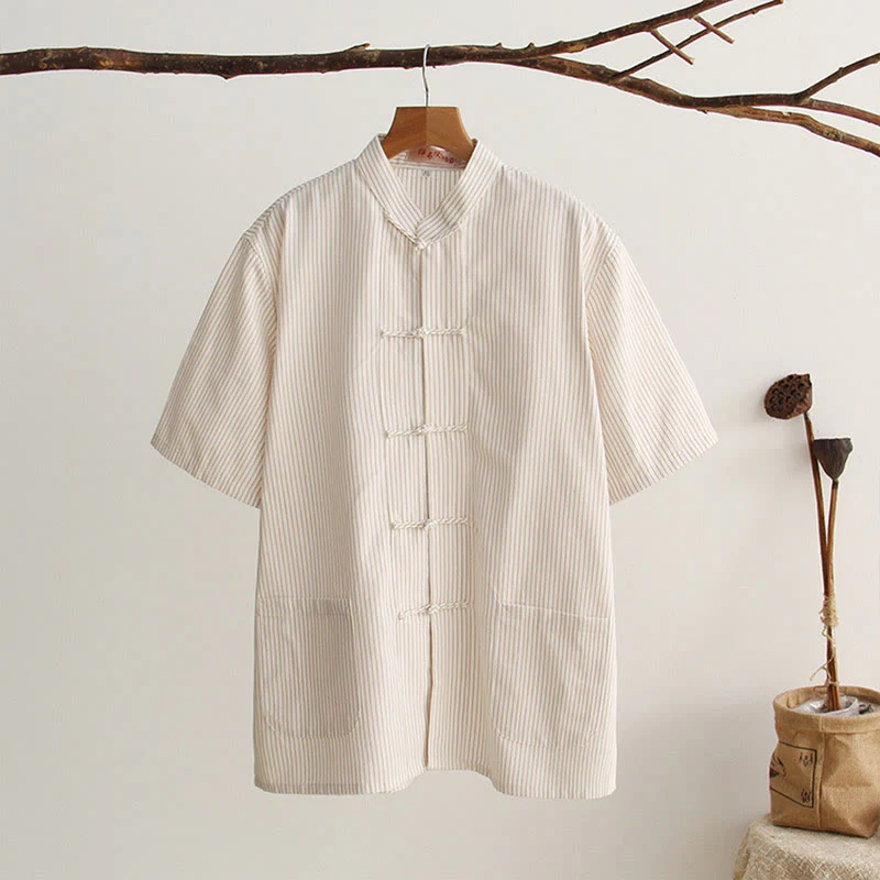 Camicia da uomo in cotone a maniche corte con bottoni a forma di rana cinese Buddha Stones Tang Suit con tasche - Image 21