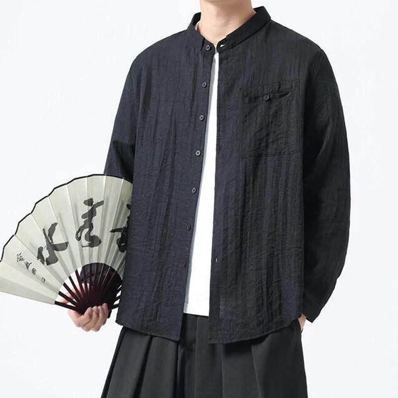 Camicia da uomo in cotone a maniche lunghe con colletto rialzato, stile vintage, motivo Buddha Stones - Image 14