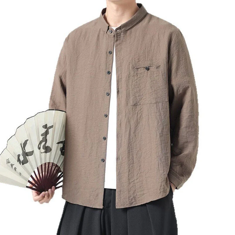 Camicia da uomo in cotone a maniche lunghe con colletto rialzato, stile vintage, motivo Buddha Stones - Image 17