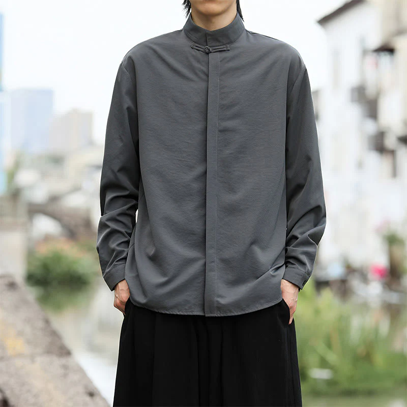 Camicia da uomo in cotone a maniche lunghe con un bottone e motivo Buddha Stones, tinta unita