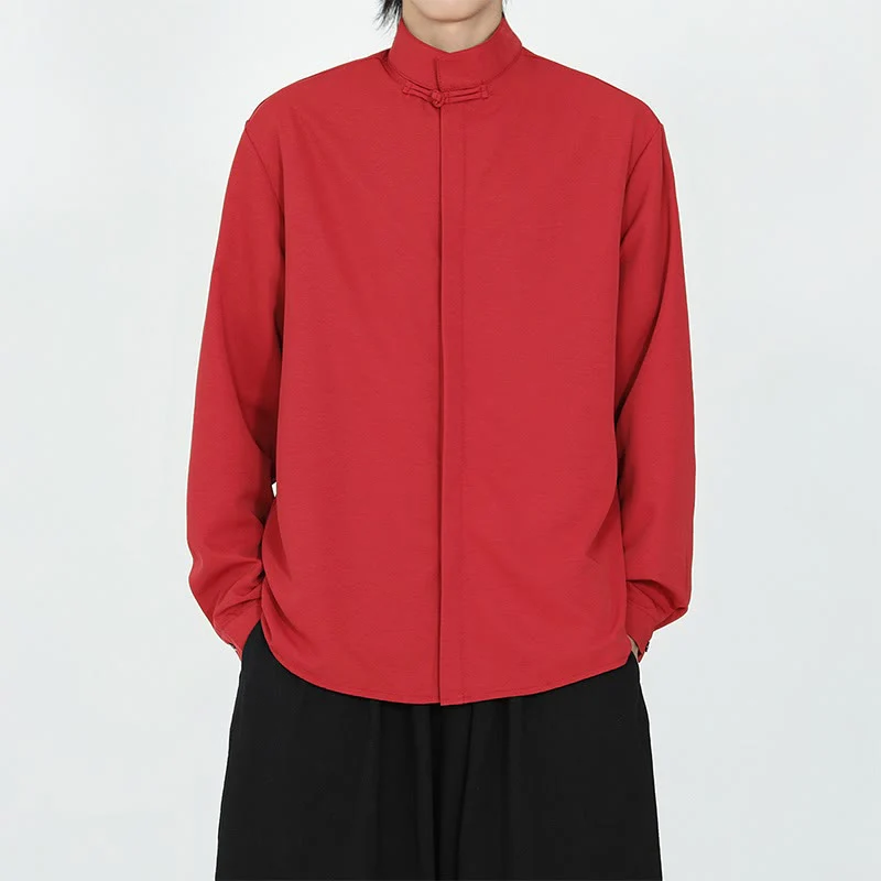 Camicia da uomo in cotone a maniche lunghe con un bottone e motivo Buddha Stones, tinta unita - Image 11