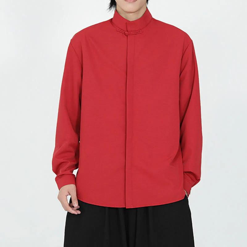 Camicia da uomo in cotone a maniche lunghe con un bottone e motivo Buddha Stones, tinta unita - Image 12