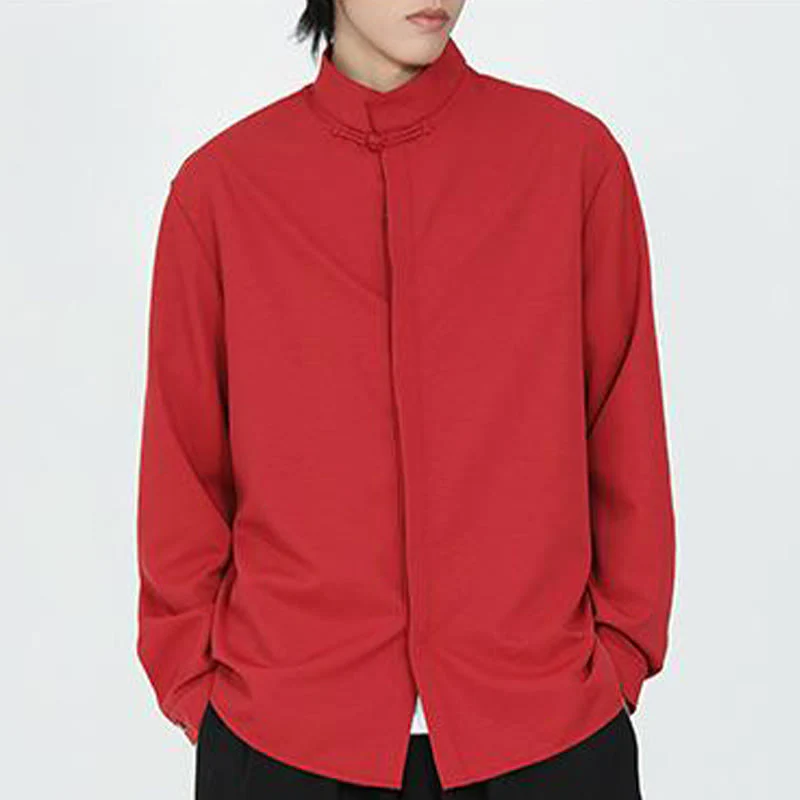 Camicia da uomo in cotone a maniche lunghe con un bottone e motivo Buddha Stones, tinta unita - Image 15