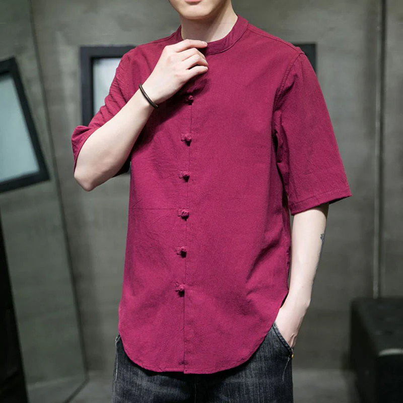 Camicia da uomo in cotone a mezza manica con motivo Buddha Stones, tinta unita - Image 15