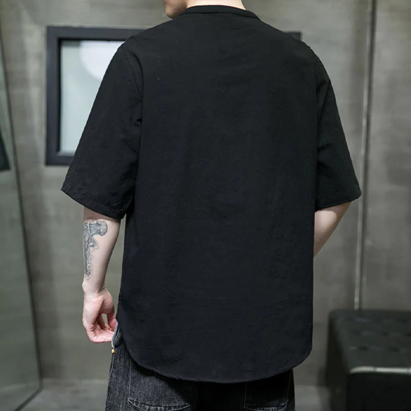 Camicia da uomo in cotone a mezza manica con motivo Buddha Stones, tinta unita - Image 19