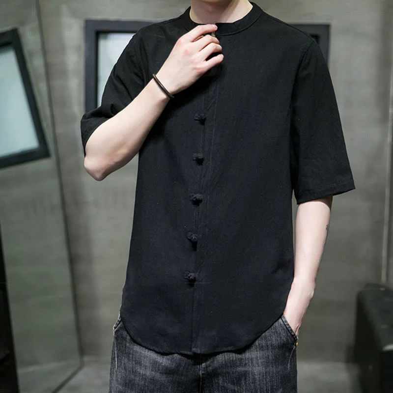 Camicia da uomo in cotone a mezza manica con motivo Buddha Stones, tinta unita - Image 21
