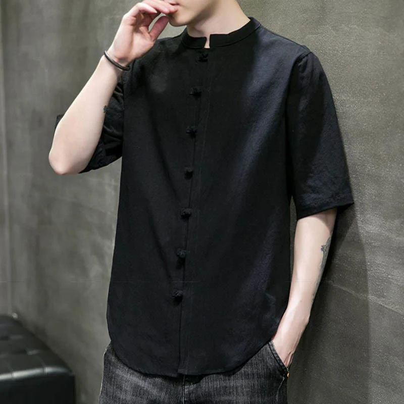 Camicia da uomo in cotone a mezza manica con motivo Buddha Stones, tinta unita - Image 22