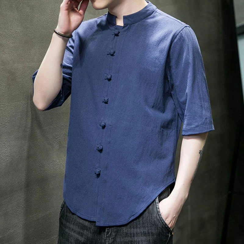 Camicia da uomo in cotone a mezza manica con motivo Buddha Stones, tinta unita - Image 25