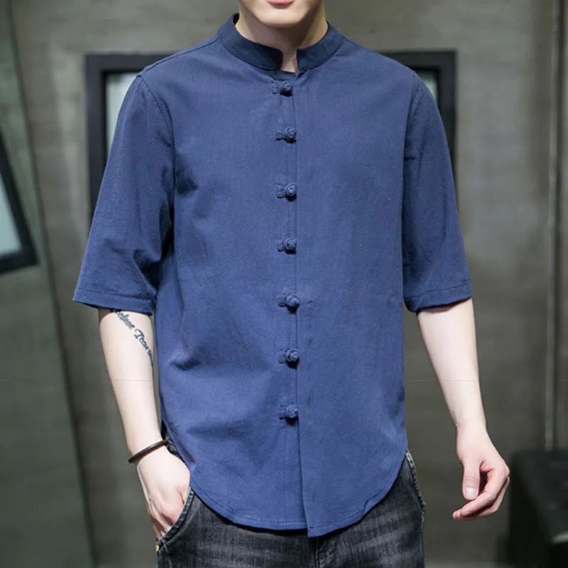 Camicia da uomo in cotone a mezza manica con motivo Buddha Stones, tinta unita - Image 27
