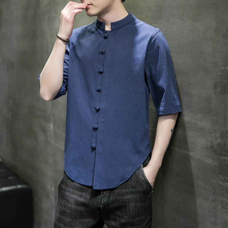 Camicia da uomo in cotone a mezza manica con motivo Buddha Stones, tinta unita - Image 28