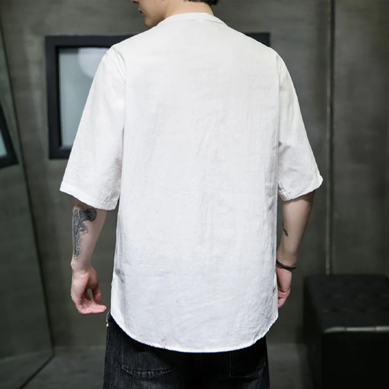Camicia da uomo in cotone a mezza manica con motivo Buddha Stones, tinta unita - Image 3