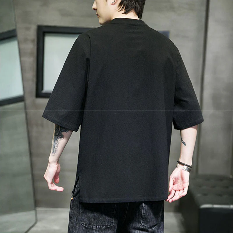 Camicia da uomo in cotone a mezza manica con ricamo a bottone con rana, tinta unita, motivo Buddha Stones - Image 10