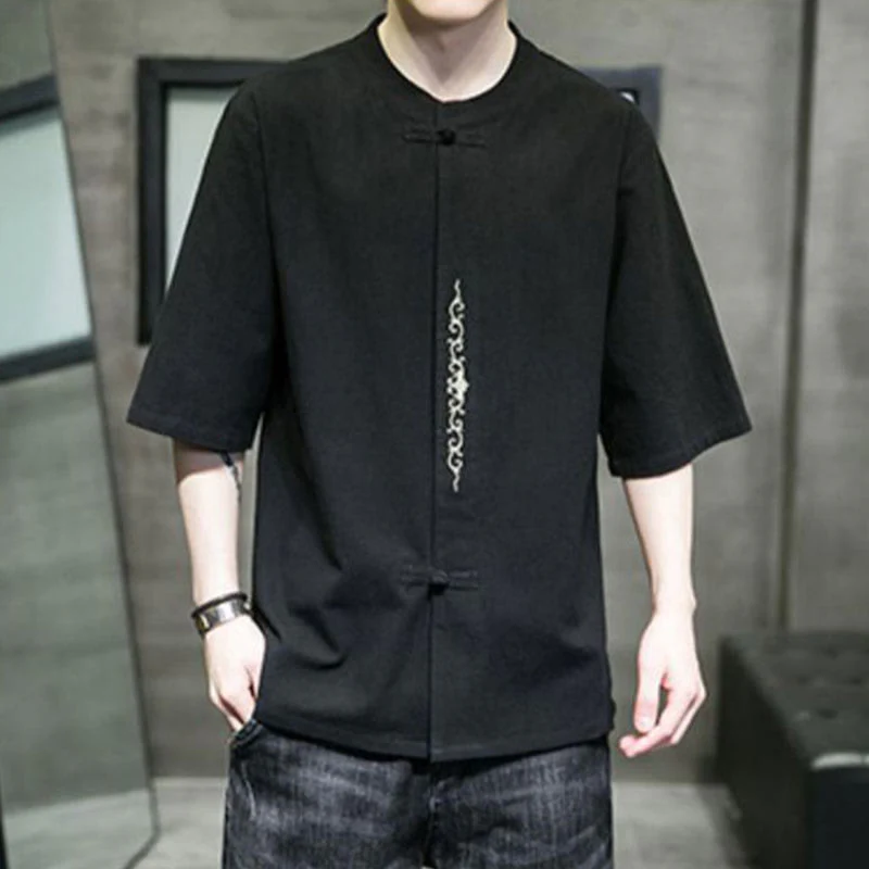Camicia da uomo in cotone a mezza manica con ricamo a bottone con rana, tinta unita, motivo Buddha Stones - Image 14