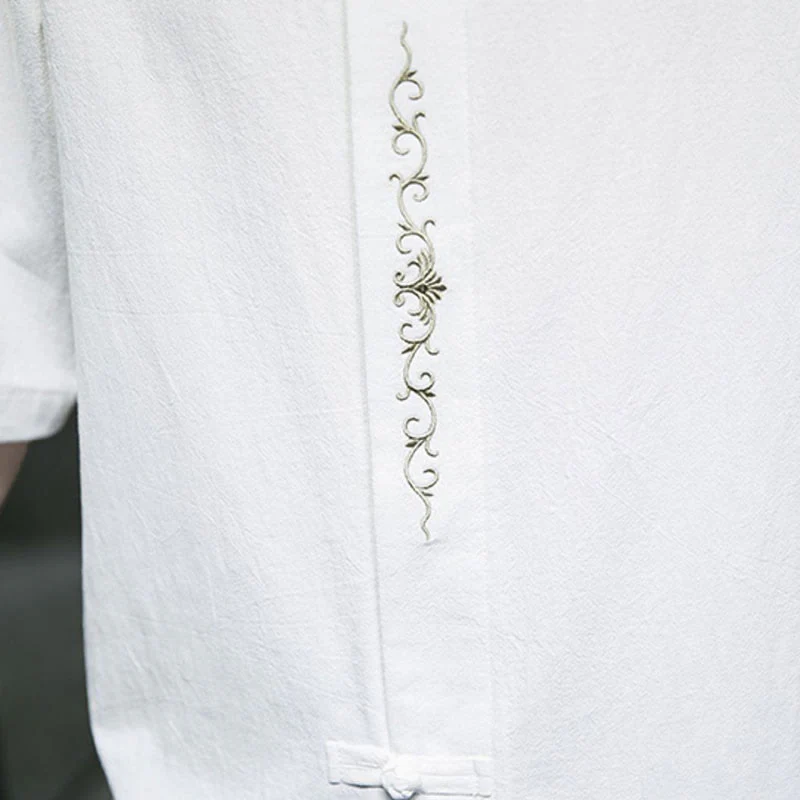 Camicia da uomo in cotone a mezza manica con ricamo a bottone con rana, tinta unita, motivo Buddha Stones - Image 25