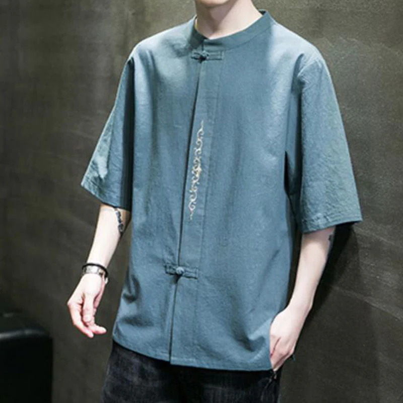 Camicia da uomo in cotone a mezza manica con ricamo a bottone con rana, tinta unita, motivo Buddha Stones - Image 3