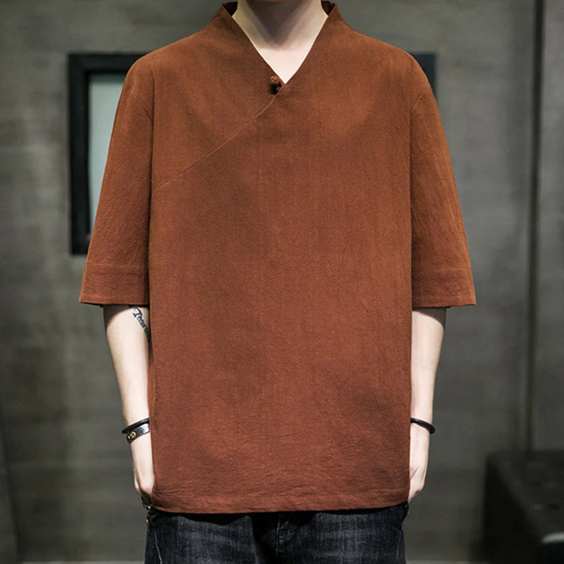 Camicia da uomo in cotone a mezza manica con scollo a V e motivo Buddha Stones - Image 2