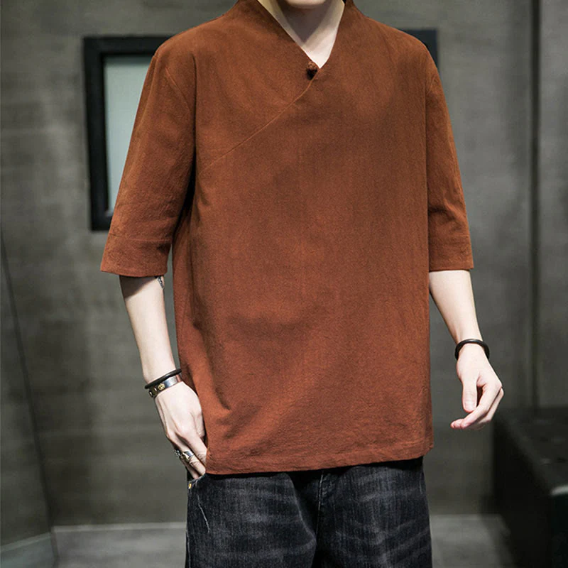 Camicia da uomo in cotone a mezza manica con scollo a V e motivo Buddha Stones - Image 3