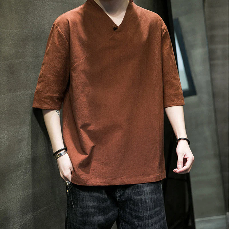 Camicia da uomo in cotone a mezza manica con scollo a V e motivo Buddha Stones - Image 9