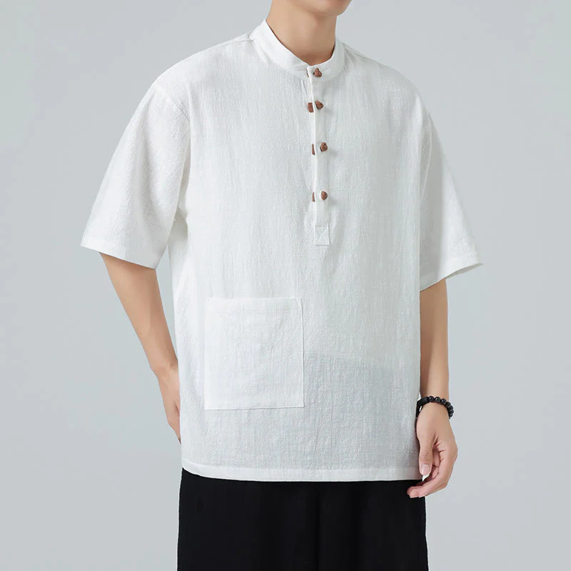 Camicia da uomo in cotone a mezza manica con tasca, modello Buddha Stones Casual, con colletto alla coreana e bottoni a mezza rana - Image 15