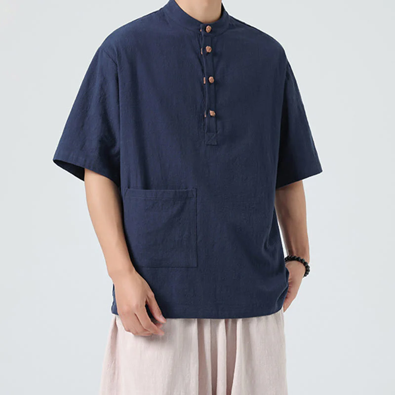 Camicia da uomo in cotone a mezza manica con tasca, modello Buddha Stones Casual, con colletto alla coreana e bottoni a mezza rana - Image 2