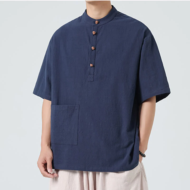 Camicia da uomo in cotone a mezza manica con tasca, modello Buddha Stones Casual, con colletto alla coreana e bottoni a mezza rana - Image 3