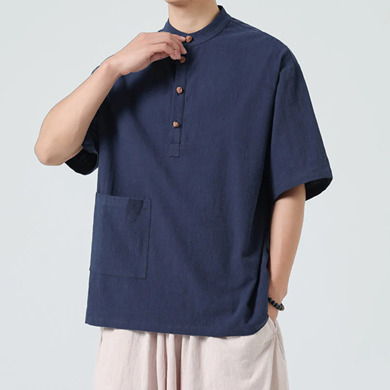 Camicia da uomo in cotone a mezza manica con tasca, modello Buddha Stones Casual, con colletto alla coreana e bottoni a mezza rana - Image 4