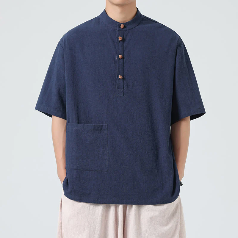 Camicia da uomo in cotone a mezza manica con tasca, modello Buddha Stones Casual, con colletto alla coreana e bottoni a mezza rana - Image 5
