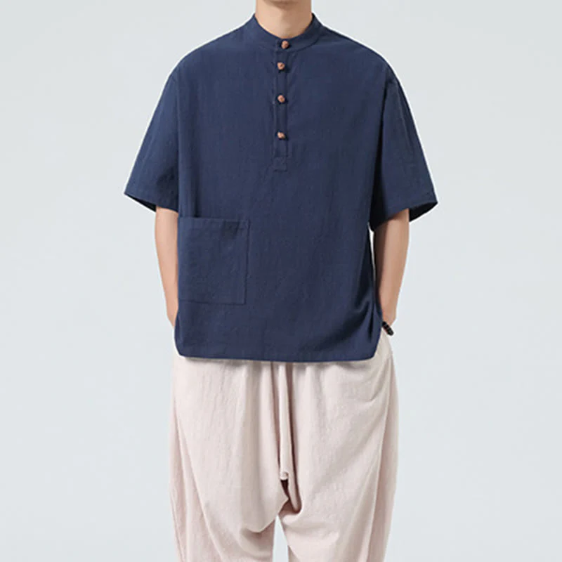 Camicia da uomo in cotone a mezza manica con tasca, modello Buddha Stones Casual, con colletto alla coreana e bottoni a mezza rana - Image 7