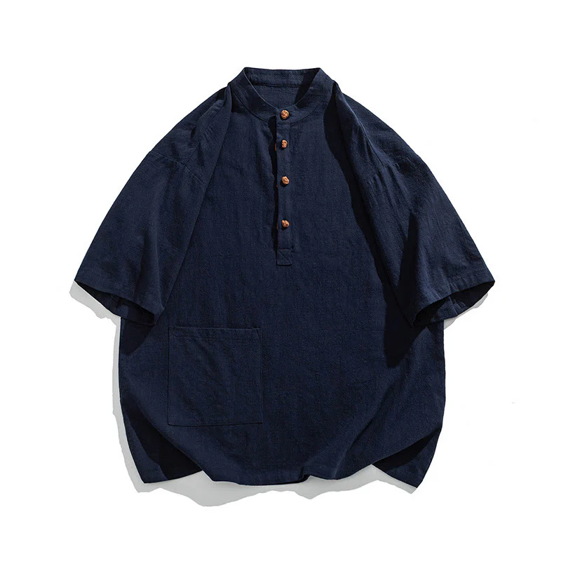 Camicia da uomo in cotone a mezza manica con tasca, modello Buddha Stones Casual, con colletto alla coreana e bottoni a mezza rana - Image 9