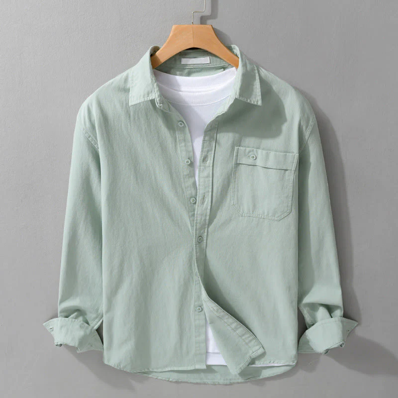 Camicia da uomo in cotone con colletto alla coreana, manica lunga, casual, tinta unita, con bottoni e tasca decorativa, Buddha Stones