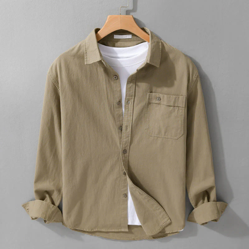 Camicia da uomo in cotone con colletto alla coreana, manica lunga, casual, tinta unita, con bottoni e tasca decorativa, Buddha Stones - Image 11
