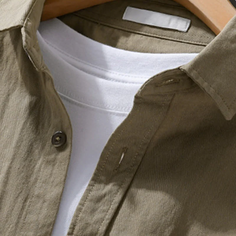 Camicia da uomo in cotone con colletto alla coreana, manica lunga, casual, tinta unita, con bottoni e tasca decorativa, Buddha Stones - Image 14