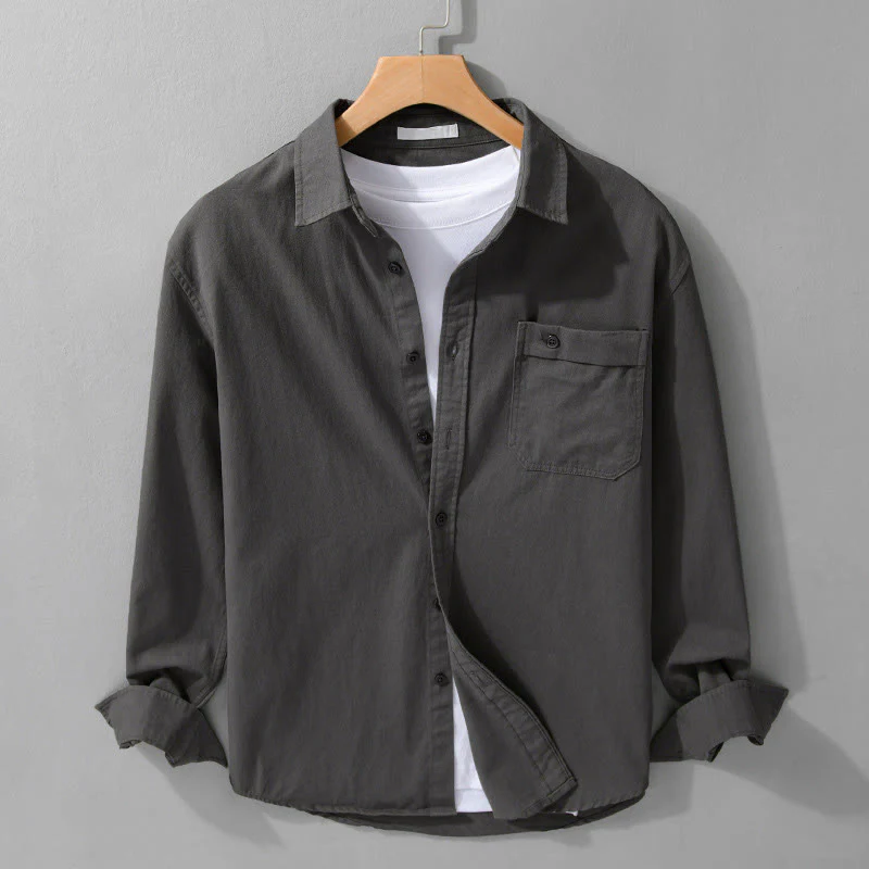 Camicia da uomo in cotone con colletto alla coreana, manica lunga, casual, tinta unita, con bottoni e tasca decorativa, Buddha Stones - Image 18