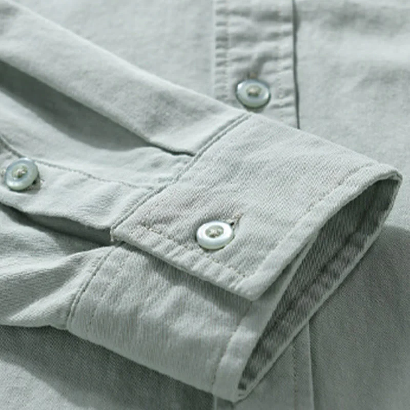 Camicia da uomo in cotone con colletto alla coreana, manica lunga, casual, tinta unita, con bottoni e tasca decorativa, Buddha Stones - Image 4