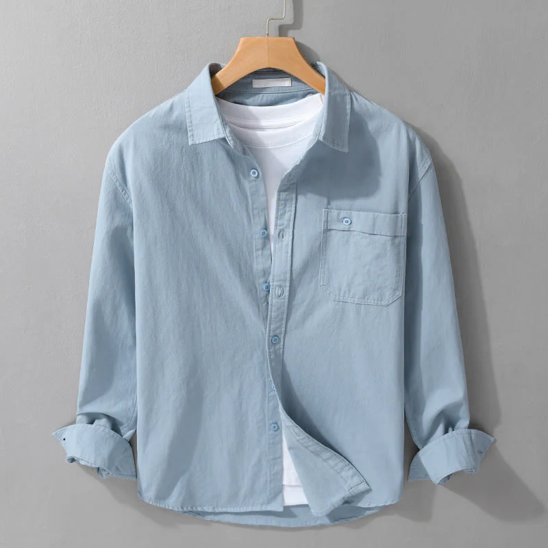 Camicia da uomo in cotone con colletto alla coreana, manica lunga, casual, tinta unita, con bottoni e tasca decorativa, Buddha Stones - Image 6