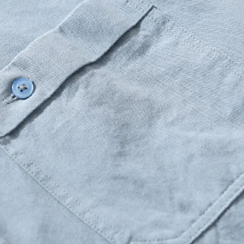 Camicia da uomo in cotone con colletto alla coreana, manica lunga, casual, tinta unita, con bottoni e tasca decorativa, Buddha Stones - Image 8