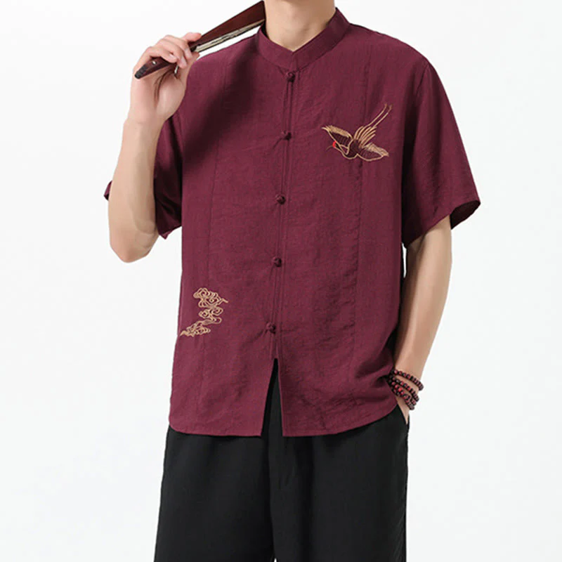 Camicia da uomo in cotone con collo alto, maniche corte, ricamo vintage Buddha Stones e bottoni - Image 5