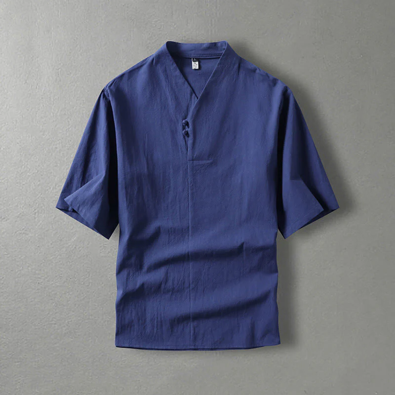 Camicia da uomo in cotone con maniche a tre quarti, casual, tinta unita, due bottoni , Buddha Stones