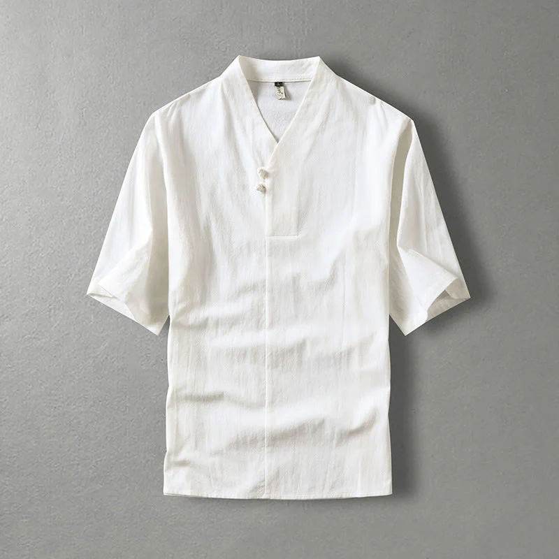 Camicia da uomo in cotone con maniche a tre quarti, casual, tinta unita, due bottoni , Buddha Stones - Image 2