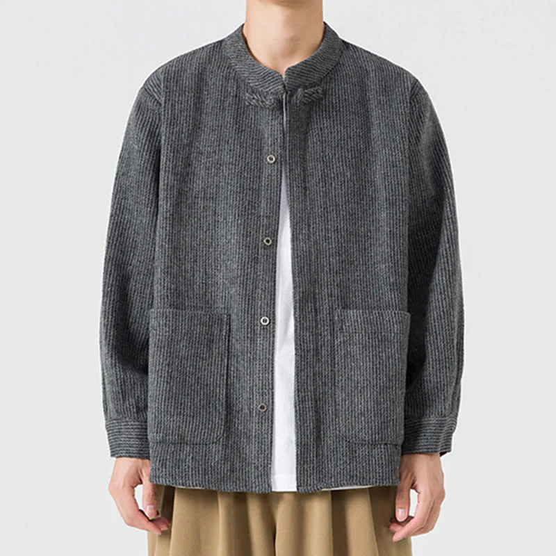 Camicia da uomo in cotone con tasche e maniche lunghe con bottoni a rana e motivo Buddha Stones - Image 2