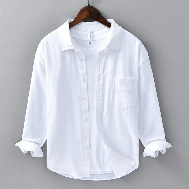 Camicia da uomo in cotone confortevole a maniche lunghe con colletto rovesciato e tasca, colore puro , Buddha Stones - Image 13